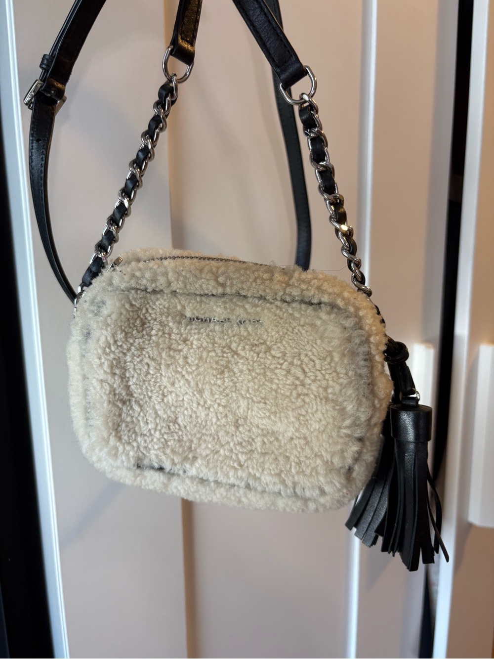 Faux Shearling Michael Kors Crossbody Bag with Tassel - Cream